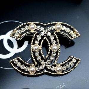 Vip Gift CHANEL Gold and Silver Brooch with Crystals and Pearls